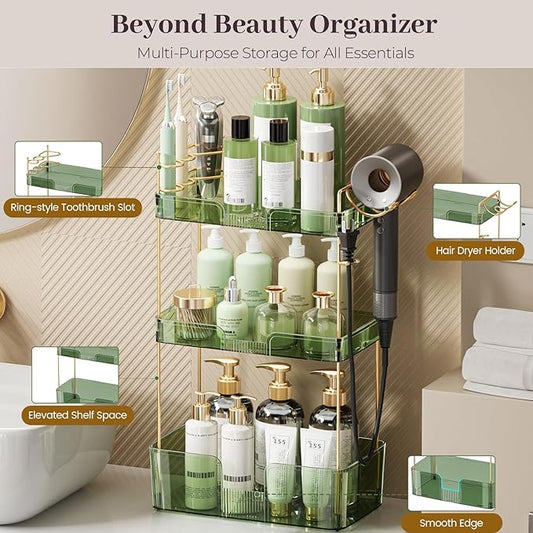 Aveniee Bathroom Counter Organizer,3 Tier Skincare Perfume Countertop Storage with Hair Dryer Rack and Toothbrush Holder, Cosmetic Makeup Tray for Vanity - Green