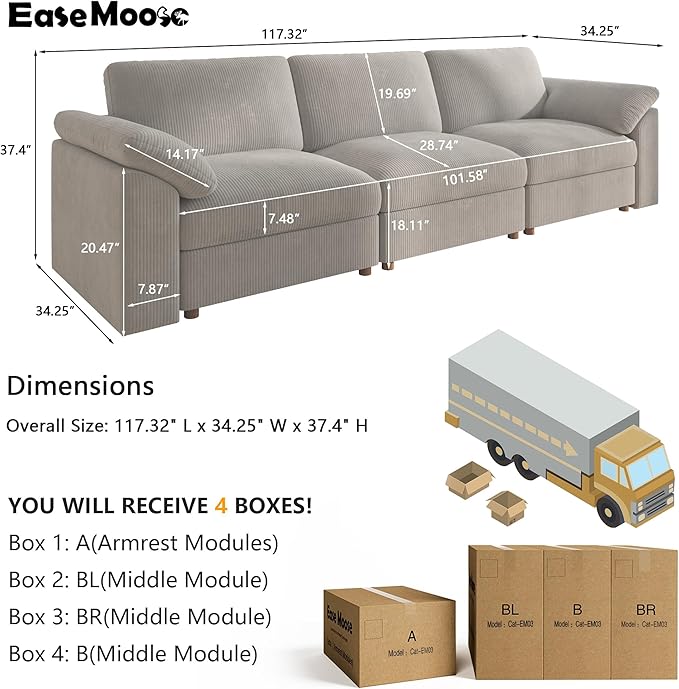 EASE MOOSE Sectional Modular Sofa, Comfty 3 Seat Cloud Couch, FSC Certified Modern Deep Seat Sectional for Living Room