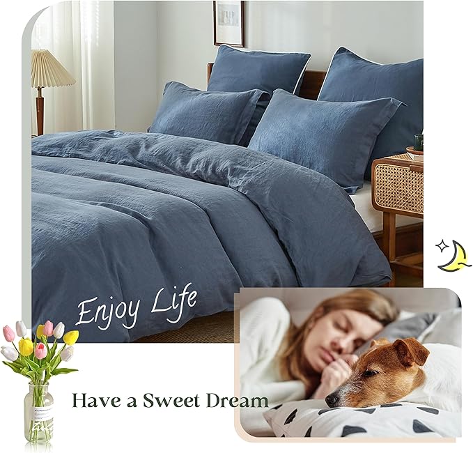 Simple&Opulence 100% Linen Duvet Cover Set, 3 PCS Classic Blue Duvet Cover Queen Size, Breathable Soft Comfy Linen Bedding Comforter Cover with 2 Pillowcases(Classic Blue, 88"x92")