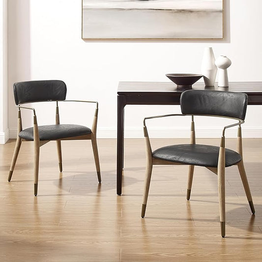 Art Leon Dining Chairs Set of 2 - Mid Century Modern Dining Room Chairs, Faux Leather Upholstered with Open Backrest, Wishbone Chair with Wood Legs, Black