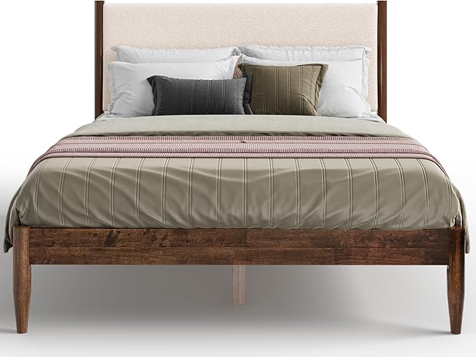 DG Casa Reign Boucle Mid-Century Modern Queen Size Wooden Platform Bed Frame - Upholstered in Cream Boucle - Solid Wood with Walnut Finish