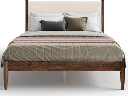 DG Casa Reign Boucle Mid-Century Modern Queen Size Wooden Platform Bed Frame - Upholstered in Cream Boucle - Solid Wood with Walnut Finish