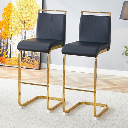 Counter Height Bar Stools Set of 2,Bar Stools with Back,30" Black Island Chairs with Gold Chrome Plated Metal Leg,Faux Leather Barstools for Pub Kitchen Counter Dining Chair