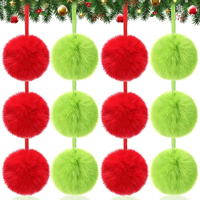 24 Pcs Red and Green Furry Christmas Ball Ornaments for Tree 3.94 Inches Large Pom Pom Ball Christmas Hanging Decoration for Party Supplies Fireplace Mantel Wall Decor