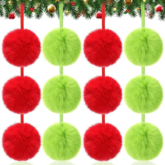 24 Pcs Red and Green Furry Christmas Ball Ornaments for Tree 3.94 Inches Large Pom Pom Ball Christmas Hanging Decoration for Party Supplies Fireplace Mantel Wall Decor