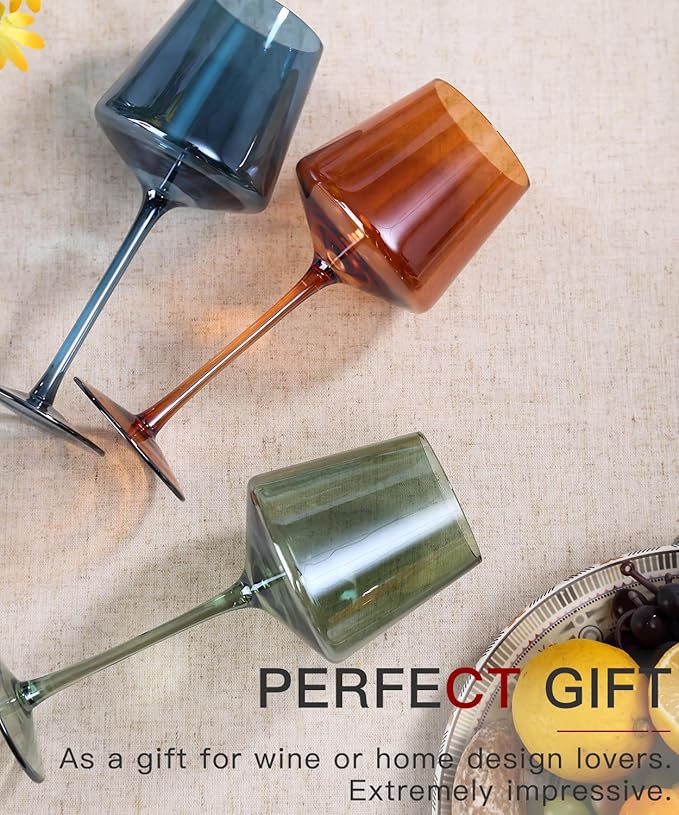 Hand Blown Colored Wine Glasses Set of 6-18oz Multi Colored Square Wine Glasses with Tall Long Stems and Flat Bottom,Crystal Colorful Wine Glass-Wedding,Birthday Gifts Gifts