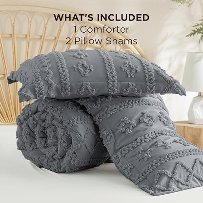 Bedsure Tufted Boho Comforter Set Queen Size - Grey Boho Bed Set, GentleSoft™ 3 Pieces Farmhouse Shabby Chic Embroidery Bedding, Gifts for Woman, Soft Jacquard Queen Comforter for All Seasons