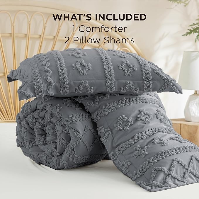 Bedsure Tufted Boho Comforter Set California King Size - Grey Boho Bed Set, GentleSoft™ 3 Pieces Farmhouse Shabby Chic Embroidery Bedding, Gifts for Woman, Soft Jacquard Comforter for All Seasons