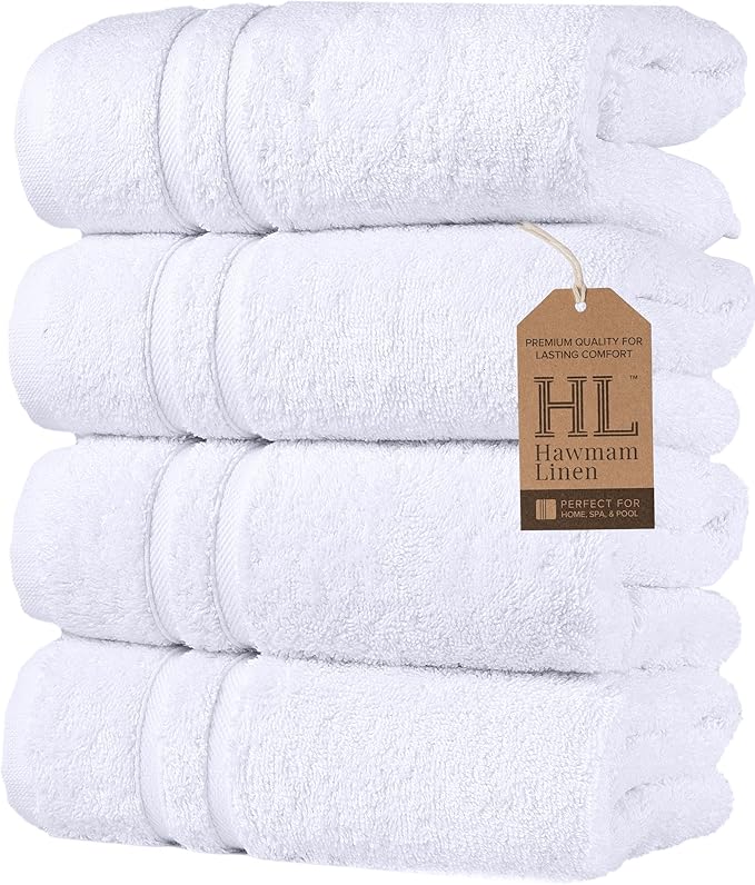 Hawmam Linen Hand Towels  Bath Towels Set of 4 16x29 Inch Premium Turkish Cotton Blissful Luxury Spa Feel, White