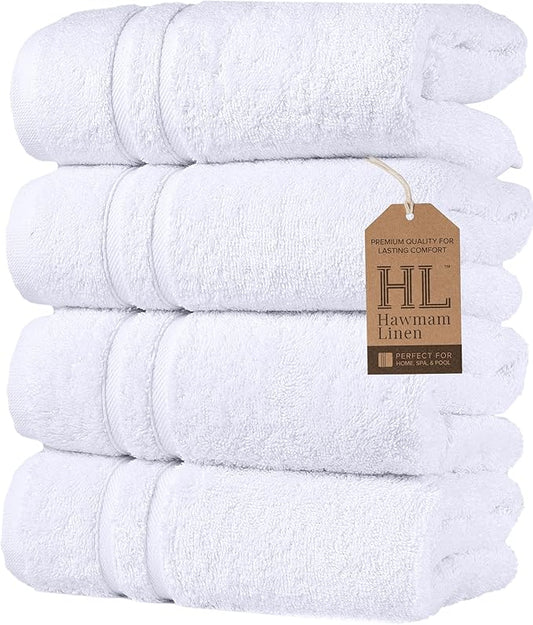 Hawmam Linen Hand Towels  Bath Towels Set of 4 16x29 Inch Premium Turkish Cotton Blissful Luxury Spa Feel, White