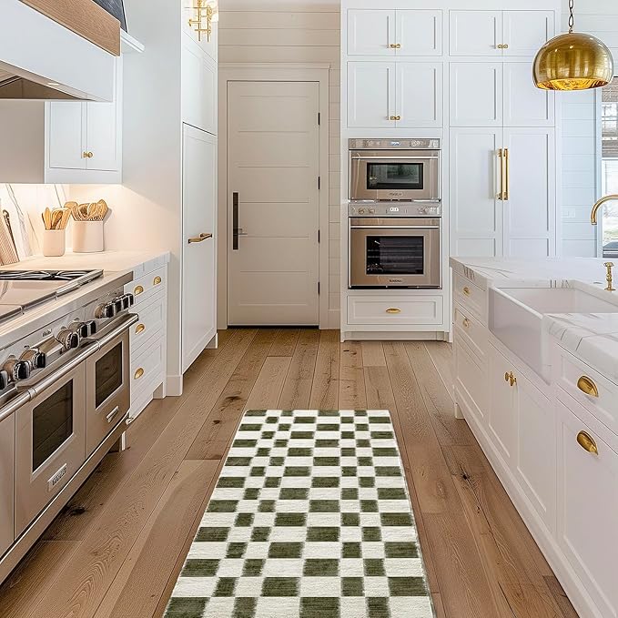 EVERGRACE Checkered Plaid Area Rug 2x6, Soft Christmas Faux Wool Rugs Washable Anti Slip Rugs Long Runner Carpet for Entryway Bedroom Living Room Hallway Kitchen and Laundry, Olive Green