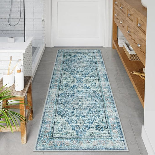 Uphome Bathroom Runner Rug, Distressed Tribal Farmhouse Light Blue Bathroom Mat, Long Bathroom Rugs Non Slip Washable, Oriental Retro Boho Bath Mat Runner for Bathtub Sink Hallway, 24x59 inch