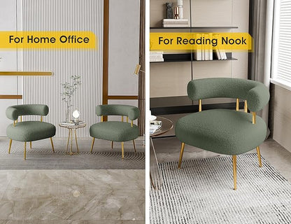 Mid Century Sherpa Boucle Accent Chair, Round Upholstered Barrel Arm Chair for Small Spaces, Fluffy Side Corner Chair for Living Room, Bedroom, Vanity, Office, Reading Nook(Green)
