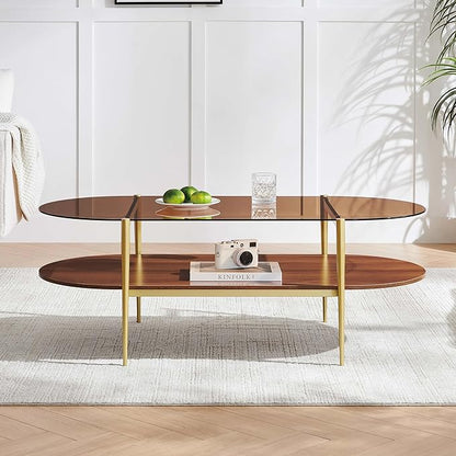 X-Large Oval Glass Coffee Table, Mid-Century Modern Design, L47 x W24 x H17 inch, for Living Room, Amber Glass Top and Walnut Finish Wood Shelf, Conical Legs with Gold Finish Frame
