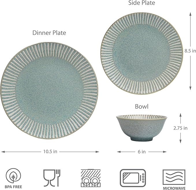 Bzyoo 12-Piece Reactive Blue Ceramic Dinnerware Set Bali Breeze Blue Elegant Table Setting for Every Occasion - Microwave & Dishwasher Safe Stackable