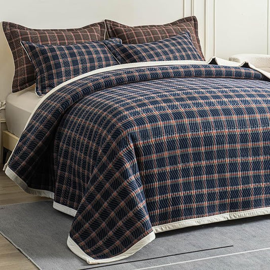 Cotton Plaid Quilt Set Queen 3 Piece Lightweight Reversible Bedding, Grid Beige