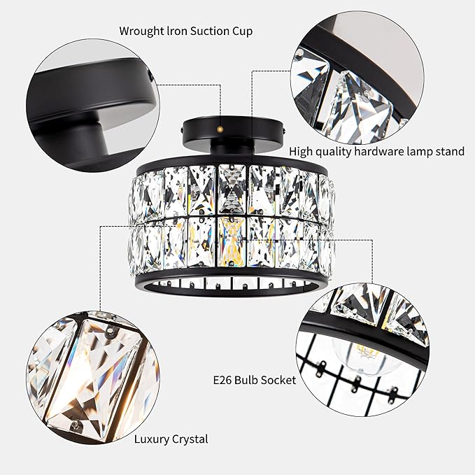 Crystal Ceiling Light Fixture, Modern Semi Flush Mount Ceiling Light,Crystal for Kitchen Bedroom Bathroom Entryway, Black Finish