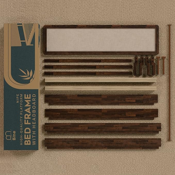 Bme Nipe Queen 14 Inch Bohemian Bed Frame with Adjustable Woven Headboard - Rustic & Vintage Unique Style with Acacia Wood - No Box Spring Needed - Easy Assembly - Walnut