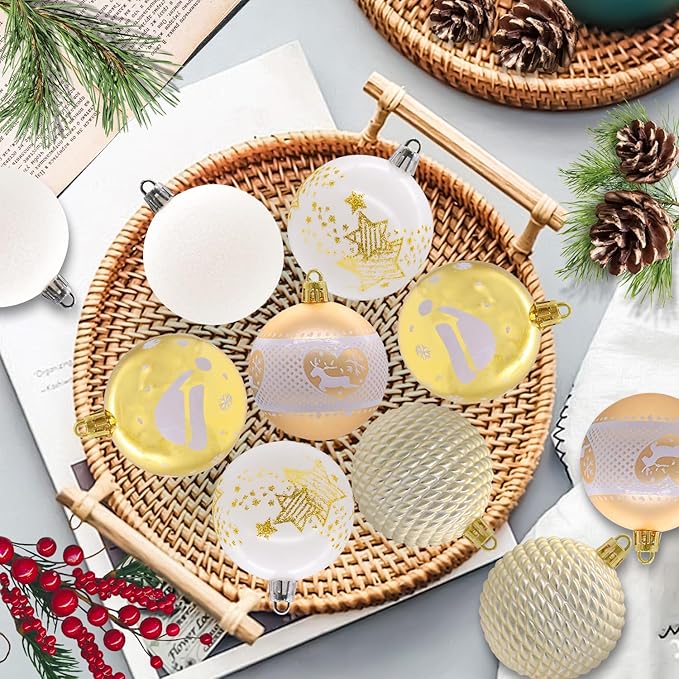 40PCS 2.36" Christmas Balls Ornaments, Plastic Christmas Tree Ornaments, Holiday Baubles, Hanging Decorations for Xmas Trees Holiday Party, Gold White Baubles