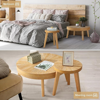 Farmhouse Round Coffee Table Set of 3, Boho Sofa Side Nesting Tables End Table Set with Wood Natural Finish for Living Room, Bedroom, Home Office,Natural