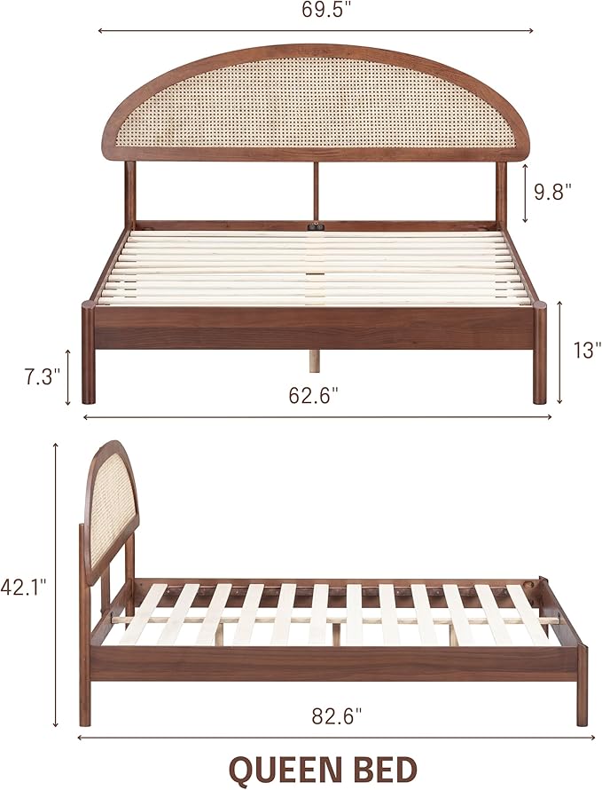 NTC Gem Wooden Bed Frame with Headboard and Natural Rattan, Solid Oak/Rubber Wood Foundation with Silent Slats, 1000 Lb Capacity, Effortless Assembly (Natural Cane - Dark Walnut, Queen)