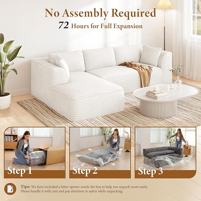 Vesgantti 106" Boneless Couch with Chaise, Deep Seat Comfy Cloud Modular Sofa CorduroySectional for Living Room Bedroom, No Assembly Required (Beige, Left-Facing Chaise)