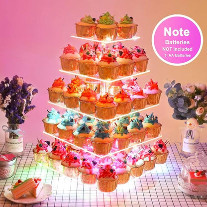 YestBuy Cupcake Stand – 5 Tier Premium Cupcake Holder – Acrylic Cupcake Tower Display – Cady Bar Party Décor – Acrylic Display for Pastry + LED Light String – Ideal for Weddings, Birthday (Colorful)