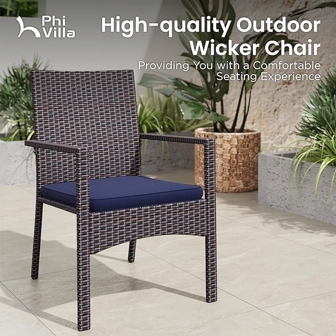 PHI VILLA Outdoor Dining Set for 6, Rectangular Wicker Table with Acacia Wood Top & Rattan Chairs with Cushions, 74” Large Modern Furniture Set for Patio, Deck, Backyard, Porch