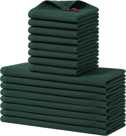 Homaxy 100% Cotton Kitchen Towels and Dishcloths Set, 12 x 12 Inches and 13 x 28 Inches, Set of 16 Bulk Kitchen Towels Set, Ultra Soft Absorbent Dish Cloths for Washing Dishes, Blackish Green