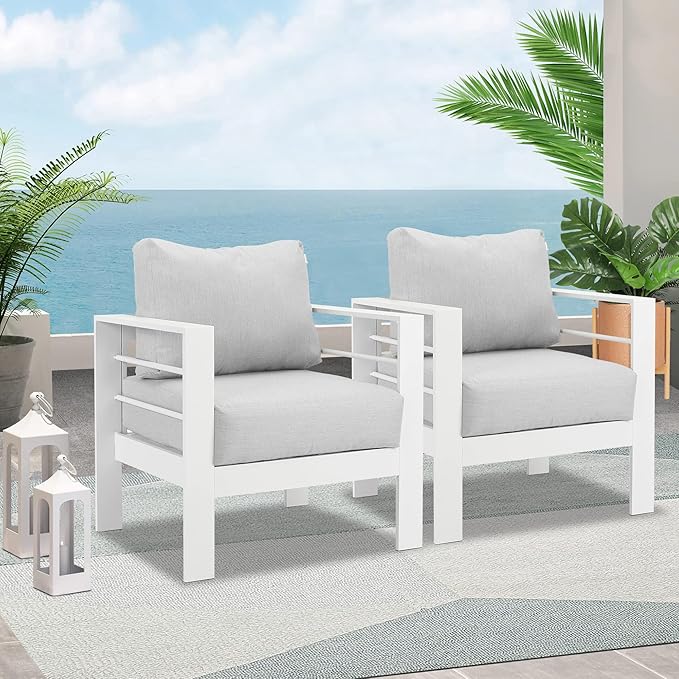 Wisteria Lane 2 Pieces Patio Furniture Aluminum Outdoor Chair, All-Weather Outdoor Single Chair, White Metal Chair with Light Grey Cushions