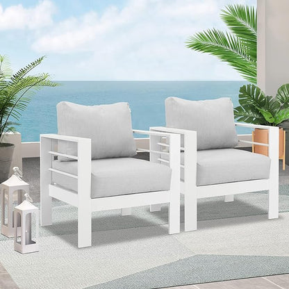 Wisteria Lane 2 Pieces Patio Furniture Aluminum Outdoor Chair, All-Weather Outdoor Single Chair, White Metal Chair with Light Grey Cushions