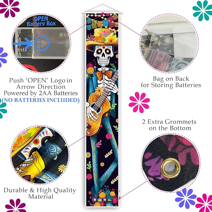 Halloween Decorations Dia De Los Muertos Lighted Porch Sign Banners Halloween Decor Mexico Day of The Dead Porch Signs Banner Indoor Outdoor Wall Door Party Decor Decoration