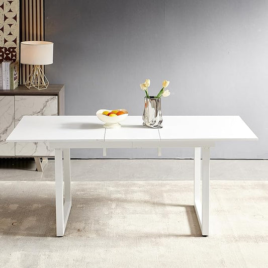 55''- 71'' Extendable Dining Room Table, Expandable Dining Table with Metal Leg, Modern Mid Century Large Table, for 2-6 Person, White