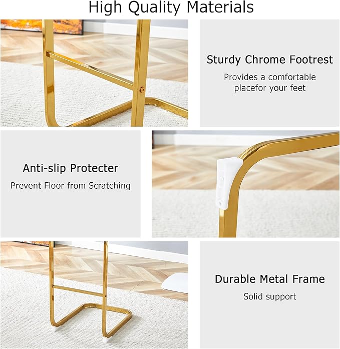 Counter Height Bar Stools Set of 2,Gold Bar Stools with Back,30" White Island Chairs with Gold Chrome Plated Metal Leg,Faux Leather Barstools for Pub Kitchen Counter Dining Chair