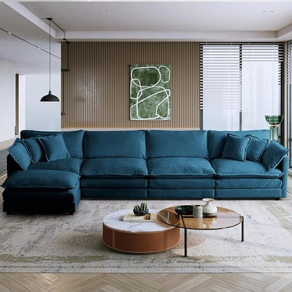 SoarFlash Chenille Sectional Sofa, Comfy L Shaped Modular Coush Sofa with Ottoman, Modern 4 Seat Couch Deep Seat Sofa Set for Living Room,Deep Blue