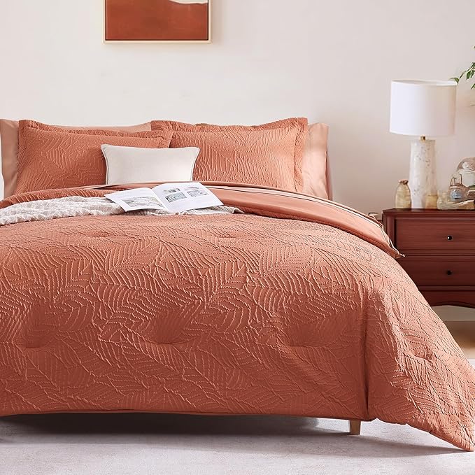 Geniospin Twin Comforter Set - 5 Pieces Burnt Orange Bedding Set, Botanical Textured Fall Comforter Set, All Season Lightweight Bed in a Bag with Comforter, Sheets, Pillowcases & Shams