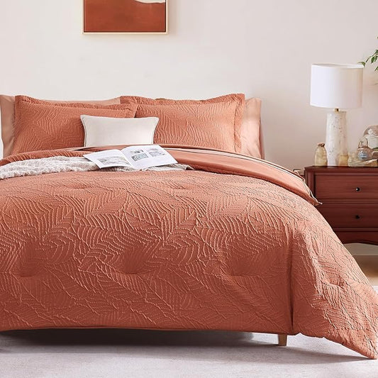 Geniospin Twin Comforter Set - 5 Pieces Burnt Orange Bedding Set, Botanical Textured Fall Comforter Set, All Season Lightweight Bed in a Bag with Comforter, Sheets, Pillowcases & Shams