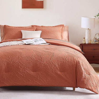 Geniospin Queen Size Comforter Set - 7 Pieces Burnt Orange Bedding Set, Botanical Textured Fall Comforter Set, All Season Lightweight Bed in a Bag with Comforter, Sheets, Pillowcases & Shams