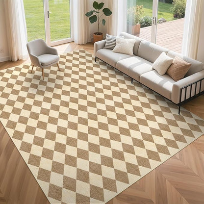 LIVEBOX Washable Living Room Rug 8x10, Brown Checkered Diamond Rug Non-Slip Modern Neutral Geometric Plaid Rugs for Bedroom, Low Pile Area Rug for Dining Room Kids Room Classroom