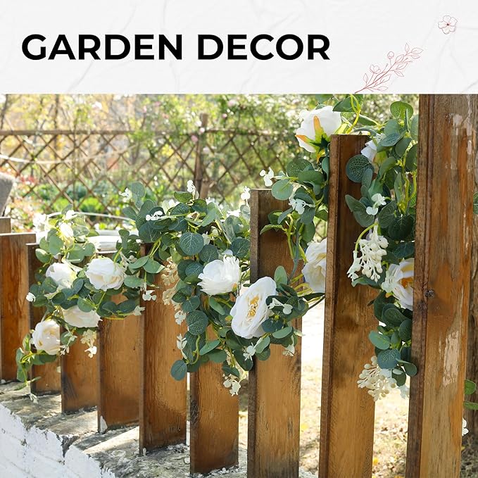 Der Rose 4 Pcs 13Ft Artificial Eucalyptus Flower Garland with Fake Silk Rose Flower Vine Seeded Eucalyptus Leaves Greenery Garland for Wedding Arch Table Wall Backdrop Party Room Decor (Champagne)