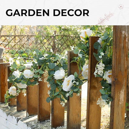 Der Rose 4 Pcs 13Ft Artificial Eucalyptus Flower Garland with Fake Silk Rose Flower Vine Seeded Eucalyptus Leaves Greenery Garland for Wedding Arch Table Wall Backdrop Party Room Decor (Champagne)