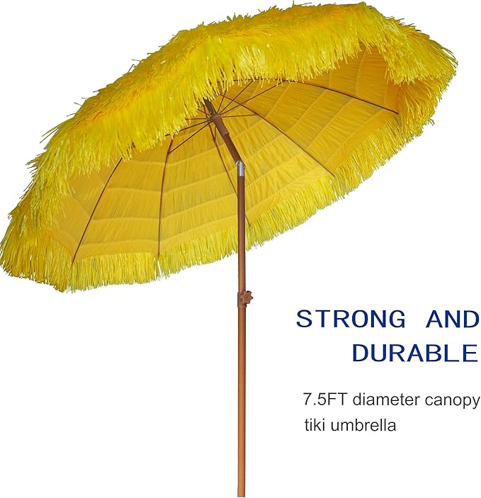 AMMSUN 7.5ft Hula Thatched Tiki Patio Beach Umbrella Hawaiian Style 10 Ribs UPF 50+ with Tilt Carry Bag for Outdoor Tiki Bar, Tropical Palapa, Patio Garden Beach Pool Backyard Yellow