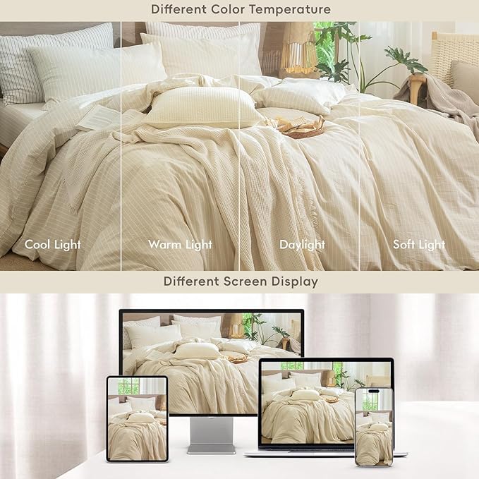 MooMee Striped Duvet Cover Set 100% Washed Cotton Linen Like Textured Breathable Durable Soft Comfy (Almond Milk Grey White Wide Stripes, Oversized King Plus 128"x120")