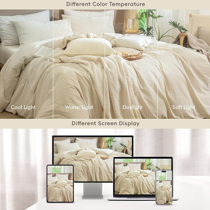 MooMee Striped Duvet Cover Set 100% Washed Cotton Linen Like Textured Breathable Durable Soft Comfy (Almond Milk Grey White Wide Stripes, Oversized King Plus 128"x120")