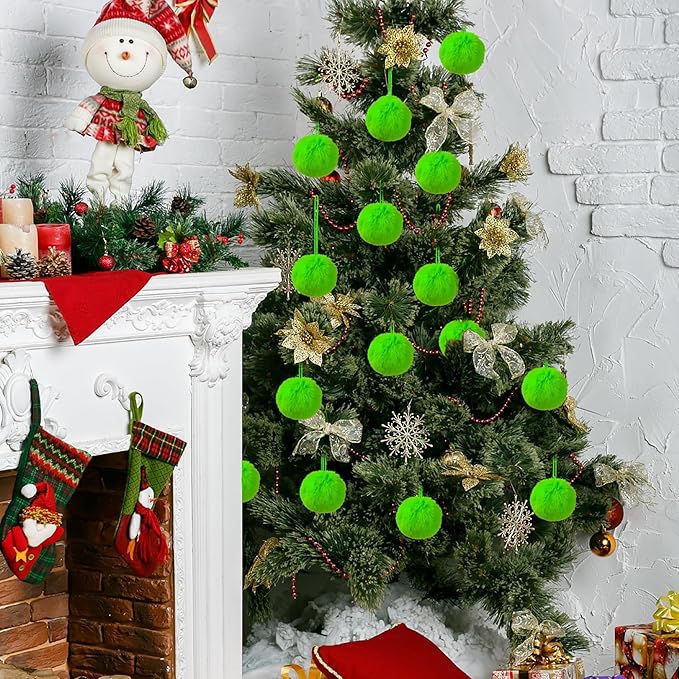 12Pcs Lime Green 3.15 Inch Furry Christmas Ornaments, Soft Fluffy Fuzzy Pom Pom Balls, Christmas Decorations Hanging Ornaments for Christmas Tree, Holiday Party, DIY Craft, and Indoor Mantel Decor