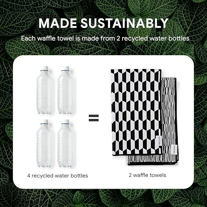RECYCO Waffle Kitchen Towels Set of 2 Quick Dry Microfiber Sustainable Lightweight Hand Towels Black White Mirage 16x28