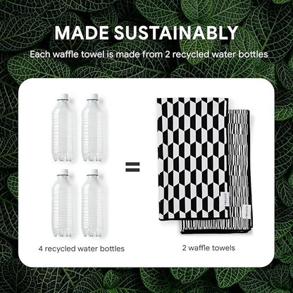 RECYCO Waffle Kitchen Towels Set of 2 Quick Dry Microfiber Sustainable Lightweight Hand Towels Black White Mirage 16x28
