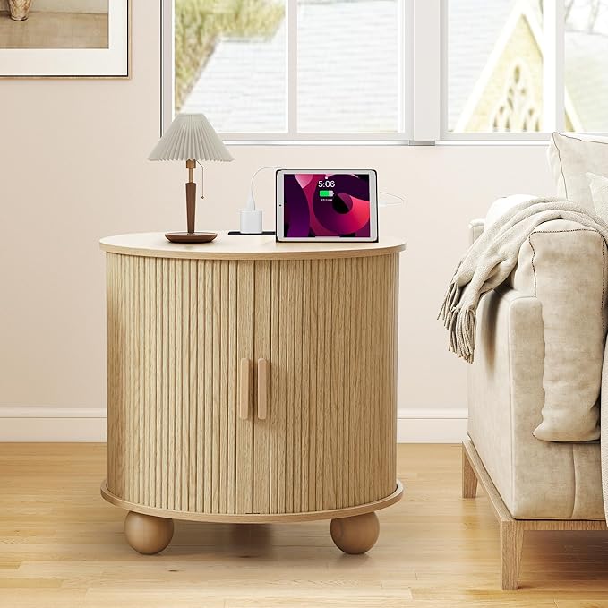 24" End Table with Charging Station, Farmhouse Round Fluted Wood Night Stand, Mid-Century Large Side Table with Storage & Sliding Door for Living Room, Bedroom (Round, Natural)