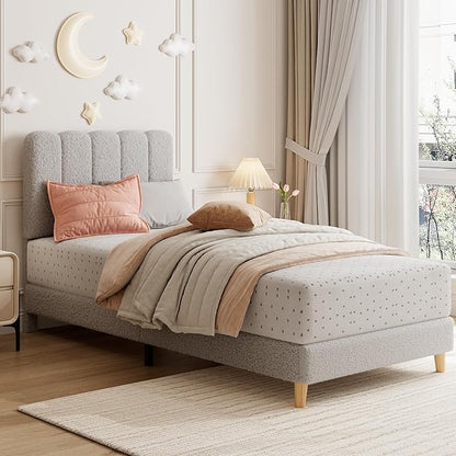 GarveeHome Twin Bed Frame, Boucle Upholstered Platform Bed with Wave Headboard for Girls/Boys/Kids, Easy Assembly, Wooden Slats Support, No Box Spring Needed, Grey