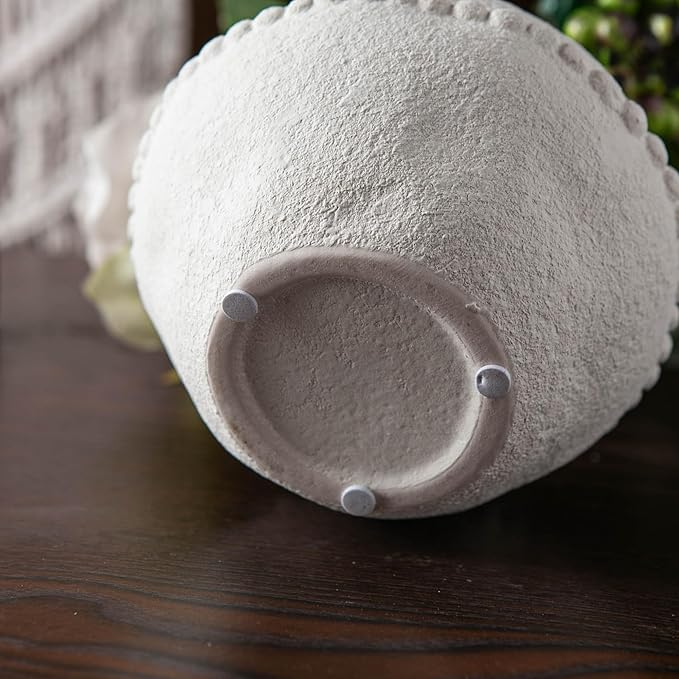 Rustic Ceramic Vase with Boho Wooden Beads, Matte Decorative Pottery for Modern Farmhouse and Bohemian Decor, Floral Arrangements, Bedroom, Shelf, or Side Table Accents